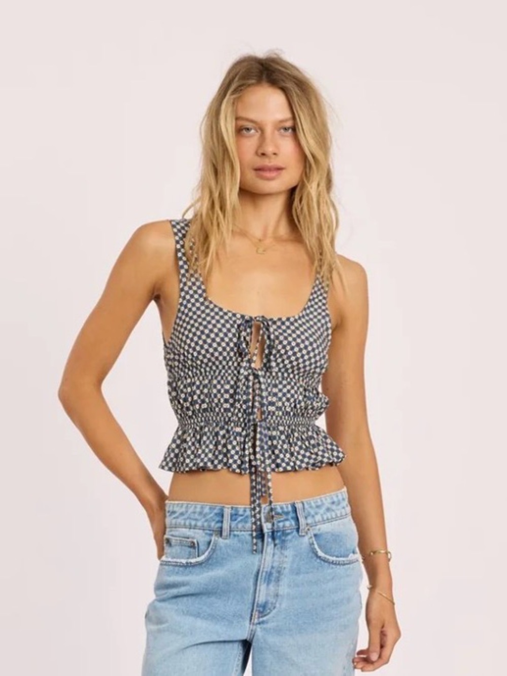 Gingham Smocked Tie-Front Crop Camisole - Blue